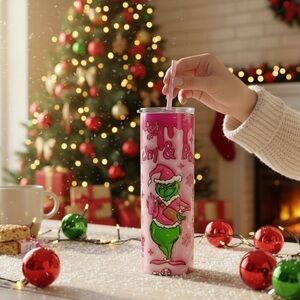 Christmas Tumbler Grinch Festive Pink Santa Gift
